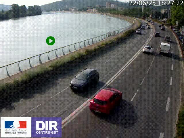 Webcam sur le quai Parjot à Vienne, aux Portes de Lyon, sur la Nationale 7, à la jonction avec le boulevard du Rhône-nord (D1407), caméra orientée vers Lyon
