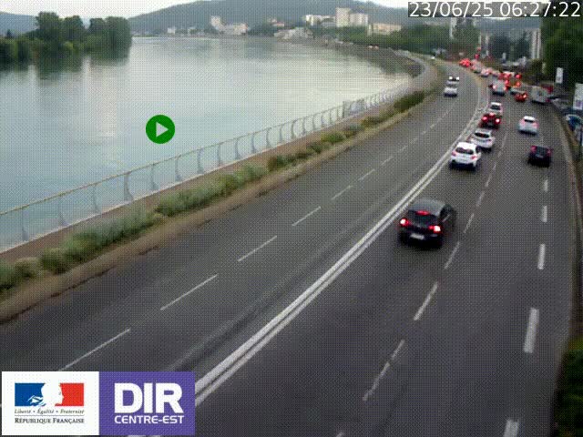Webcam sur le quai Parjot à Vienne, aux Portes de Lyon, sur la Nationale 7, à la jonction avec le boulevard du Rhône-nord (D1407), caméra orientée vers Lyon
