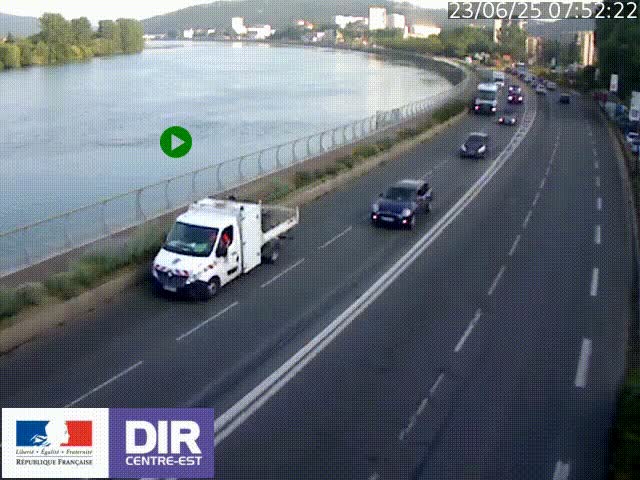 Webcam sur le quai Parjot à Vienne, aux Portes de Lyon, sur la Nationale 7, à la jonction avec le boulevard du Rhône-nord (D1407), caméra orientée vers Lyon