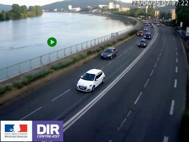 Webcam sur le quai Parjot à Vienne, aux Portes de Lyon, sur la Nationale 7, à la jonction avec le boulevard du Rhône-nord (D1407), caméra orientée vers Lyon