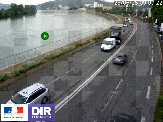 Webcam sur le quai Parjot à Vienne, aux Portes de Lyon, sur la Nationale 7, à la jonction avec le boulevard du Rhône-nord (D1407), caméra orientée vers Lyon