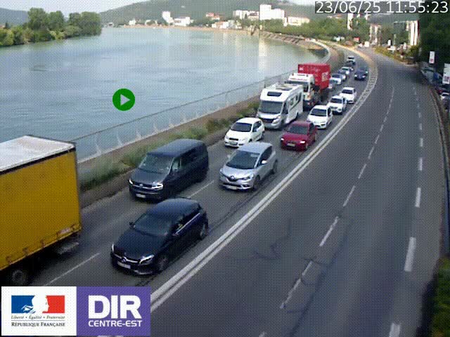 Webcam sur le quai Parjot à Vienne, aux Portes de Lyon, sur la Nationale 7, à la jonction avec le boulevard du Rhône-nord (D1407), caméra orientée vers Lyon