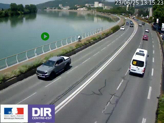 Webcam sur le quai Parjot à Vienne, aux Portes de Lyon, sur la Nationale 7, à la jonction avec le boulevard du Rhône-nord (D1407), caméra orientée vers Lyon