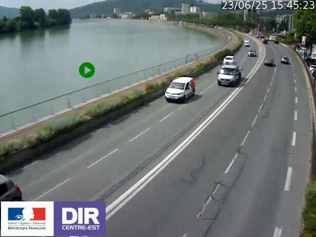 Webcam sur le quai Parjot à Vienne, aux Portes de Lyon, sur la Nationale 7, à la jonction avec le boulevard du Rhône-nord (D1407), caméra orientée vers Lyon