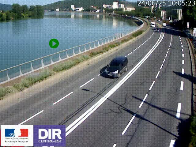 Webcam sur le quai Parjot à Vienne, aux Portes de Lyon, sur la Nationale 7, à la jonction avec le boulevard du Rhône-nord (D1407), caméra orientée vers Lyon