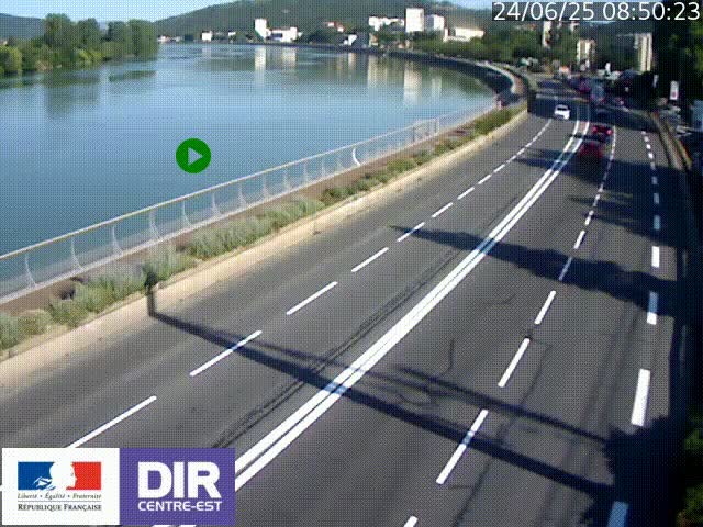 Webcam sur le quai Parjot à Vienne, aux Portes de Lyon, sur la Nationale 7, à la jonction avec le boulevard du Rhône-nord (D1407), caméra orientée vers Lyon
