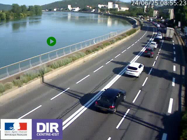 Webcam sur le quai Parjot à Vienne, aux Portes de Lyon, sur la Nationale 7, à la jonction avec le boulevard du Rhône-nord (D1407), caméra orientée vers Lyon