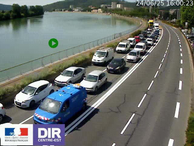 Webcam sur le quai Parjot à Vienne, aux Portes de Lyon, sur la Nationale 7, à la jonction avec le boulevard du Rhône-nord (D1407), caméra orientée vers Lyon