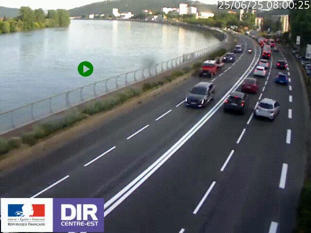 Webcam sur le quai Parjot à Vienne, aux Portes de Lyon, sur la Nationale 7, à la jonction avec le boulevard du Rhône-nord (D1407), caméra orientée vers Lyon