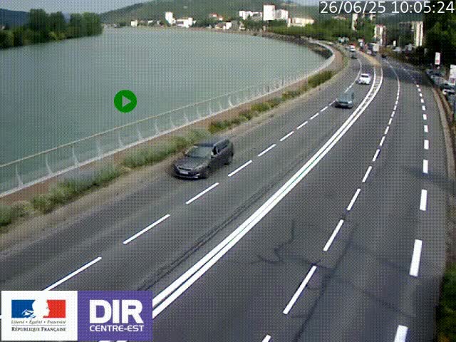 Webcam sur le quai Parjot à Vienne, aux Portes de Lyon, sur la Nationale 7, à la jonction avec le boulevard du Rhône-nord (D1407), caméra orientée vers Lyon