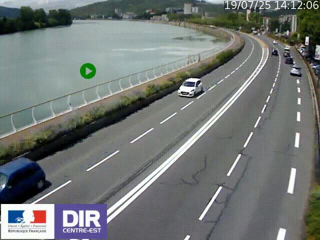 Webcam sur le quai Parjot à Vienne, aux Portes de Lyon, sur la Nationale 7, à la jonction avec le boulevard du Rhône-nord (D1407), caméra orientée vers Lyon