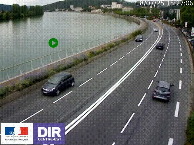 Webcam sur le quai Parjot à Vienne, aux Portes de Lyon, sur la Nationale 7, à la jonction avec le boulevard du Rhône-nord (D1407), caméra orientée vers Lyon