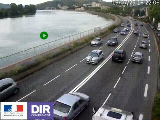 Webcam sur le quai Parjot à Vienne, aux Portes de Lyon, sur la Nationale 7, à la jonction avec le boulevard du Rhône-nord (D1407), caméra orientée vers Lyon