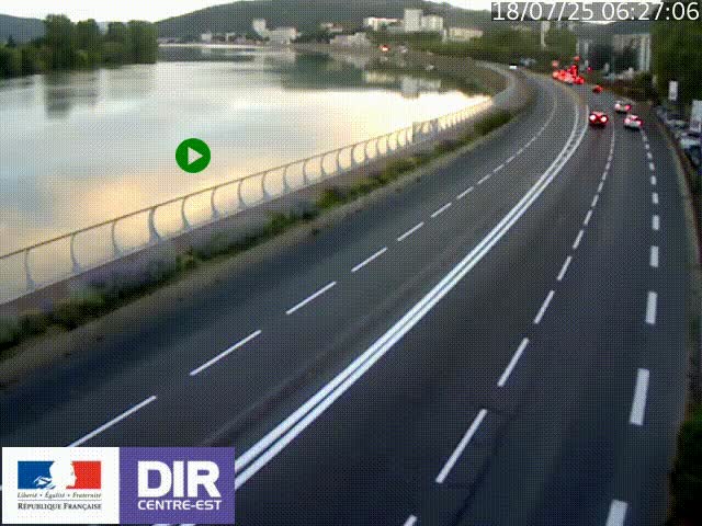 Webcam sur le quai Parjot à Vienne, aux Portes de Lyon, sur la Nationale 7, à la jonction avec le boulevard du Rhône-nord (D1407), caméra orientée vers Lyon