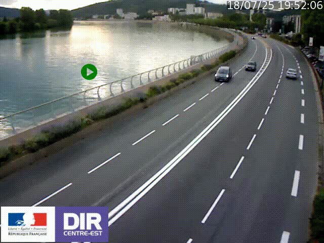 Webcam sur le quai Parjot à Vienne, aux Portes de Lyon, sur la Nationale 7, à la jonction avec le boulevard du Rhône-nord (D1407), caméra orientée vers Lyon