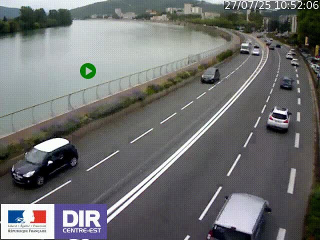 Webcam sur le quai Parjot à Vienne, aux Portes de Lyon, sur la Nationale 7, à la jonction avec le boulevard du Rhône-nord (D1407), caméra orientée vers Lyon