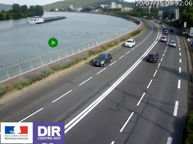 Webcam sur le quai Parjot à Vienne, aux Portes de Lyon, sur la Nationale 7, à la jonction avec le boulevard du Rhône-nord (D1407), caméra orientée vers Lyon