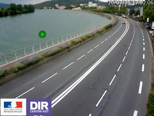 Webcam sur le quai Parjot à Vienne, aux Portes de Lyon, sur la Nationale 7, à la jonction avec le boulevard du Rhône-nord (D1407), caméra orientée vers Lyon