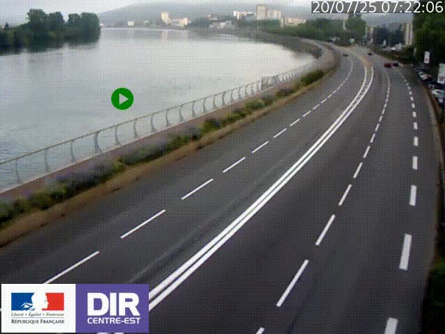 Webcam sur le quai Parjot à Vienne, aux Portes de Lyon, sur la Nationale 7, à la jonction avec le boulevard du Rhône-nord (D1407), caméra orientée vers Lyon