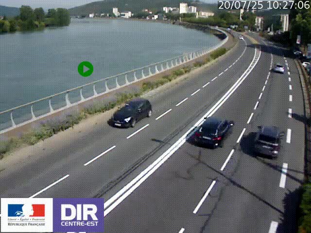 Webcam sur le quai Parjot à Vienne, aux Portes de Lyon, sur la Nationale 7, à la jonction avec le boulevard du Rhône-nord (D1407), caméra orientée vers Lyon