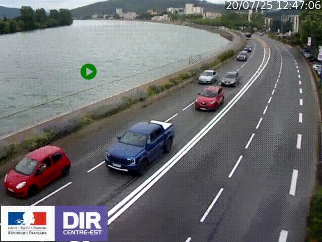Webcam sur le quai Parjot à Vienne, aux Portes de Lyon, sur la Nationale 7, à la jonction avec le boulevard du Rhône-nord (D1407), caméra orientée vers Lyon