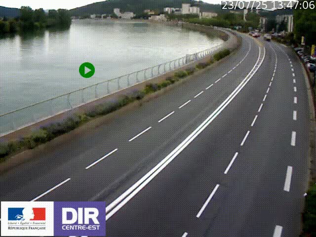 Webcam sur le quai Parjot à Vienne, aux Portes de Lyon, sur la Nationale 7, à la jonction avec le boulevard du Rhône-nord (D1407), caméra orientée vers Lyon