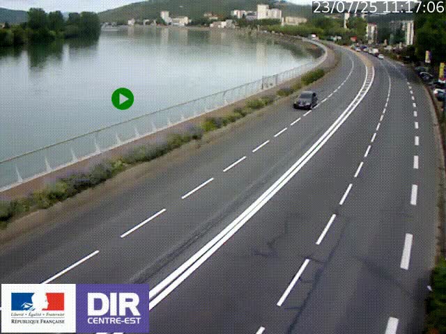 Webcam sur le quai Parjot à Vienne, aux Portes de Lyon, sur la Nationale 7, à la jonction avec le boulevard du Rhône-nord (D1407), caméra orientée vers Lyon