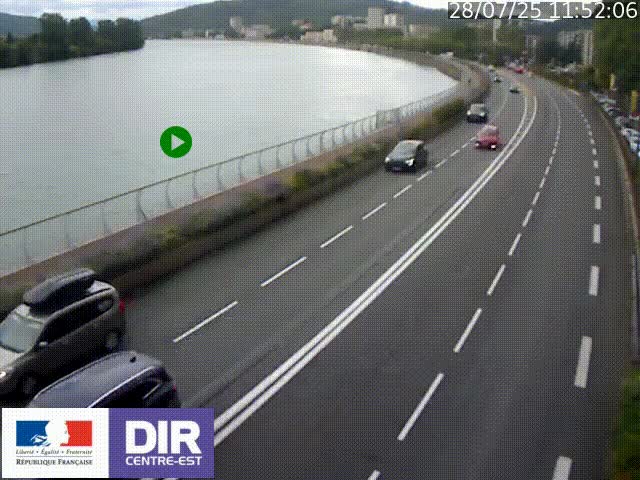 Webcam sur le quai Parjot à Vienne, aux Portes de Lyon, sur la Nationale 7, à la jonction avec le boulevard du Rhône-nord (D1407), caméra orientée vers Lyon