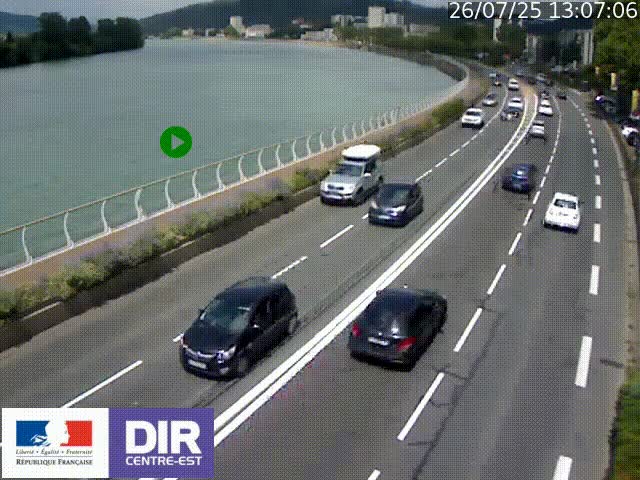 Webcam sur le quai Parjot à Vienne, aux Portes de Lyon, sur la Nationale 7, à la jonction avec le boulevard du Rhône-nord (D1407), caméra orientée vers Lyon