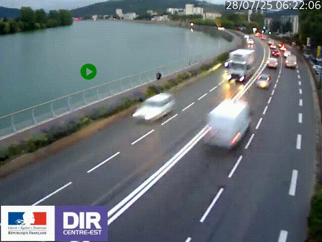 Webcam sur le quai Parjot à Vienne, aux Portes de Lyon, sur la Nationale 7, à la jonction avec le boulevard du Rhône-nord (D1407), caméra orientée vers Lyon