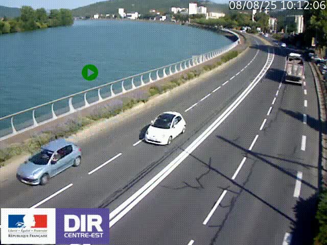 Webcam sur le quai Parjot à Vienne, aux Portes de Lyon, sur la Nationale 7, à la jonction avec le boulevard du Rhône-nord (D1407), caméra orientée vers Lyon