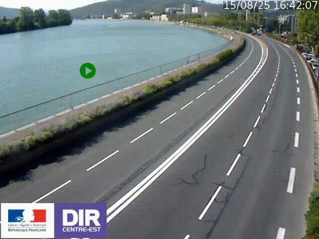 Webcam sur le quai Parjot à Vienne, aux Portes de Lyon, sur la Nationale 7, à la jonction avec le boulevard du Rhône-nord (D1407), caméra orientée vers Lyon