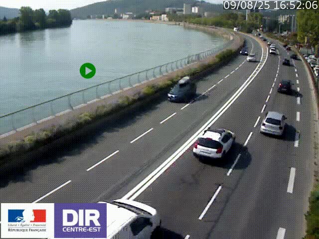 Webcam sur le quai Parjot à Vienne, aux Portes de Lyon, sur la Nationale 7, à la jonction avec le boulevard du Rhône-nord (D1407), caméra orientée vers Lyon