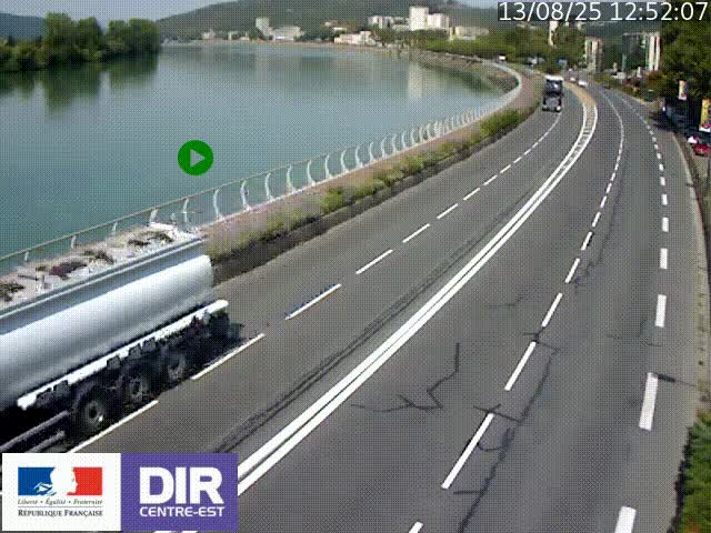 Webcam sur le quai Parjot à Vienne, aux Portes de Lyon, sur la Nationale 7, à la jonction avec le boulevard du Rhône-nord (D1407), caméra orientée vers Lyon