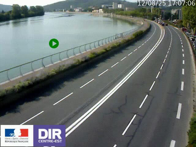 Webcam sur le quai Parjot à Vienne, aux Portes de Lyon, sur la Nationale 7, à la jonction avec le boulevard du Rhône-nord (D1407), caméra orientée vers Lyon