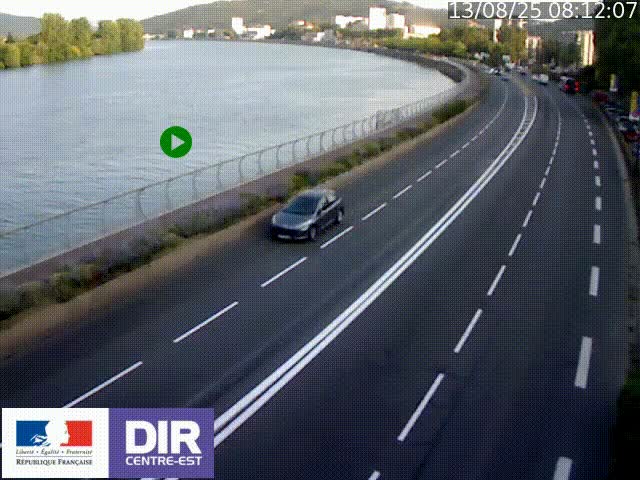 Webcam sur le quai Parjot à Vienne, aux Portes de Lyon, sur la Nationale 7, à la jonction avec le boulevard du Rhône-nord (D1407), caméra orientée vers Lyon