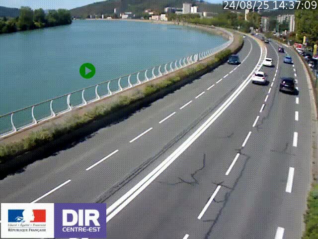 Webcam sur le quai Parjot à Vienne, aux Portes de Lyon, sur la Nationale 7, à la jonction avec le boulevard du Rhône-nord (D1407), caméra orientée vers Lyon
