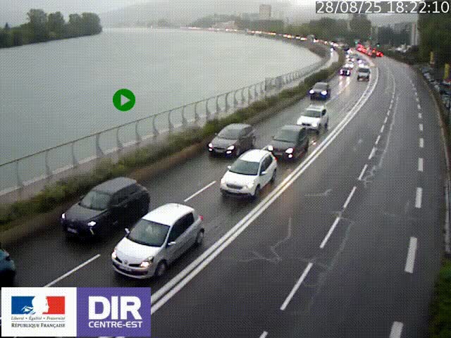 Webcam sur le quai Parjot à Vienne, aux Portes de Lyon, sur la Nationale 7, à la jonction avec le boulevard du Rhône-nord (D1407), caméra orientée vers Lyon