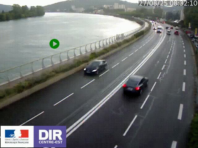 Webcam sur le quai Parjot à Vienne, aux Portes de Lyon, sur la Nationale 7, à la jonction avec le boulevard du Rhône-nord (D1407), caméra orientée vers Lyon