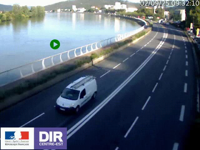 Webcam sur le quai Parjot à Vienne, aux Portes de Lyon, sur la Nationale 7, à la jonction avec le boulevard du Rhône-nord (D1407), caméra orientée vers Lyon