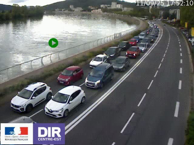 Webcam sur le quai Parjot à Vienne, aux Portes de Lyon, sur la Nationale 7, à la jonction avec le boulevard du Rhône-nord (D1407), caméra orientée vers Lyon