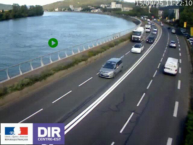 Webcam sur le quai Parjot à Vienne, aux Portes de Lyon, sur la Nationale 7, à la jonction avec le boulevard du Rhône-nord (D1407), caméra orientée vers Lyon