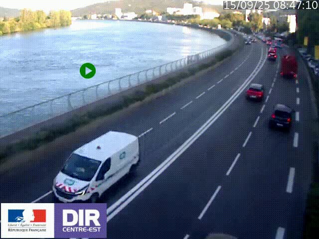 Webcam sur le quai Parjot à Vienne, aux Portes de Lyon, sur la Nationale 7, à la jonction avec le boulevard du Rhône-nord (D1407), caméra orientée vers Lyon