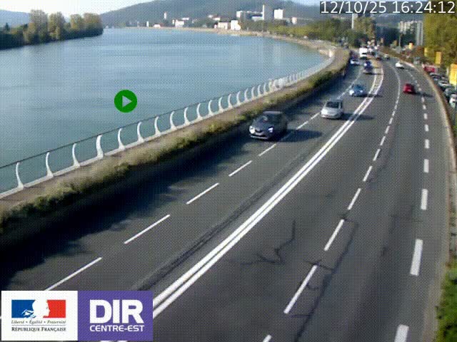 Webcam sur le quai Parjot à Vienne, aux Portes de Lyon, sur la Nationale 7, à la jonction avec le boulevard du Rhône-nord (D1407), caméra orientée vers Lyon