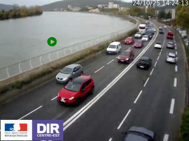 Webcam sur le quai Parjot à Vienne, aux Portes de Lyon, sur la Nationale 7, à la jonction avec le boulevard du Rhône-nord (D1407), caméra orientée vers Lyon