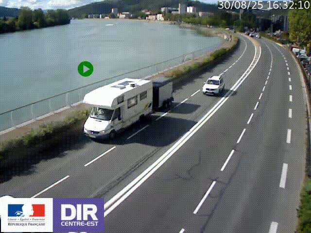 Webcam sur le quai Parjot à Vienne, aux Portes de Lyon, sur la Nationale 7, à la jonction avec le boulevard du Rhône-nord (D1407), caméra orientée vers Lyon