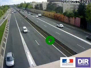 Webcam trafic au bout de l'A42, à la jonction avec le Boulevard Périphérique Nord de Lyon (D383) à Villeurbanne. Vue orientée vers Marseille
