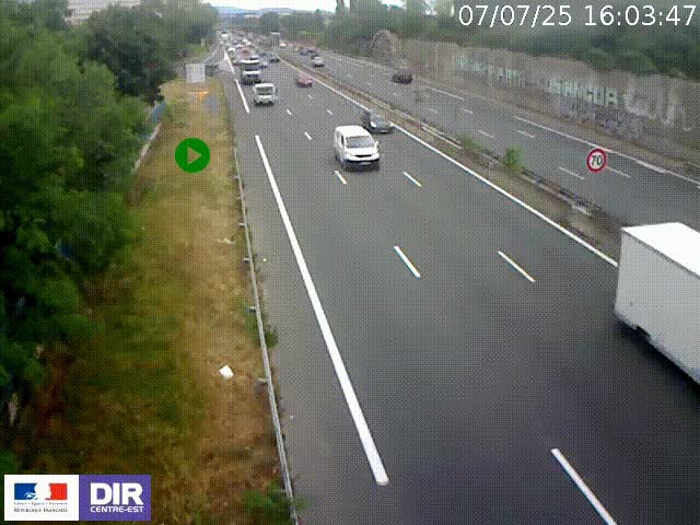 Webcam à Bron sur l'A43 à la jonction avec le boulevard périphérique de Lyon (D383). Vue orientée vers Lyon