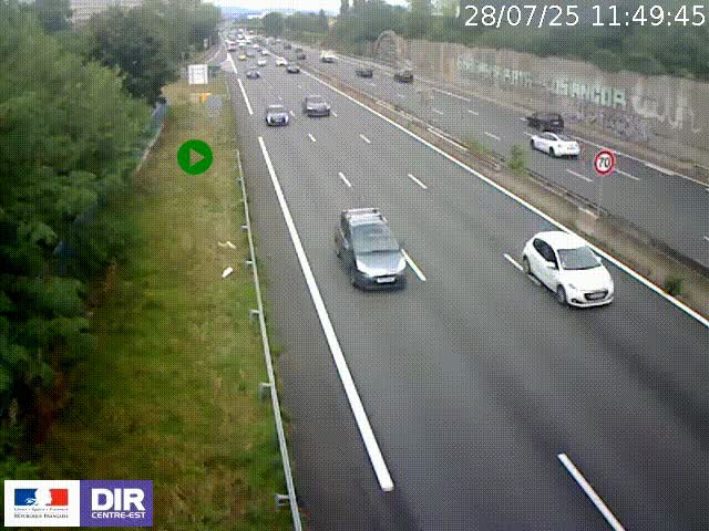 Webcam à Bron sur l'A43 à la jonction avec le boulevard périphérique de Lyon (D383). Vue orientée vers Lyon