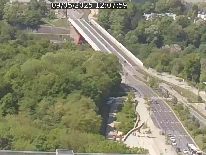 Webcam sur l'avenue John Fitzgerald Kennedy (N51) avec vue sur le Pont rouge (Pont Grande Duchesse Charlotte), l'arrêt Pfaffenthal et l'entrée du quartier Kirchberg
